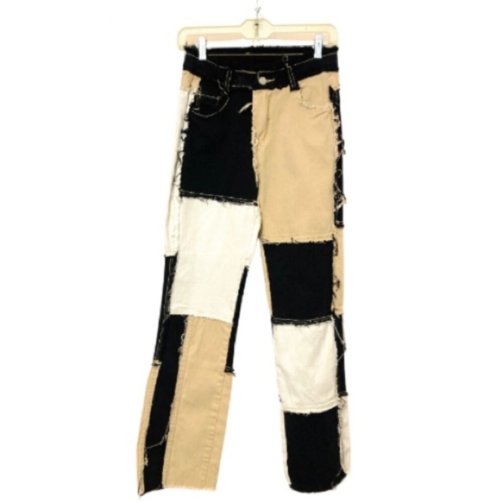 JEANS Black White Tan Patchwork Straight Leg Cut Off High Rise Jean Pants